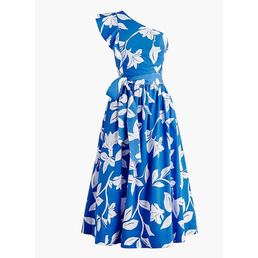 J Crew Midi Dress Women One Shoulder Blue Floral Vacay Preppy Boho Retro 8 NWT